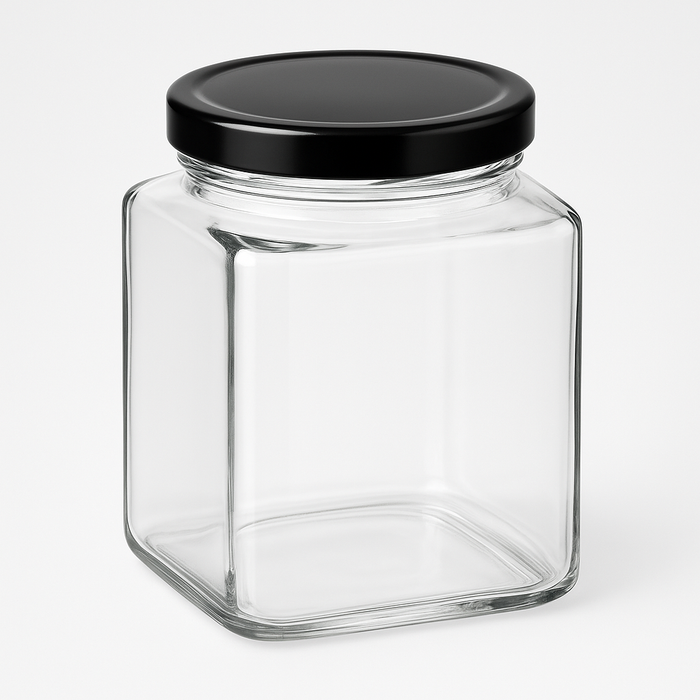 380 ml Quadratglas mit schwarzem Schraubdeckel