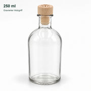 Leere Apotheker 250 ml-Flasche mit graviertem Holzgriffkorken: Form, Hals und klares Glas.