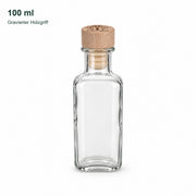 Leere Apotheker eckig 100 ml-Flasche mit graviertem Holzgriffkorken: Form, Hals und klares Glas.