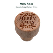 Originalgravur Merry Xmas auf dem Holzgriff eines 19-mm-Holzgriffkorkens.