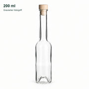 Leere Sinfonie 200 ml-Flasche mit graviertem Holzgriffkorken: Form, Hals und klares Glas.