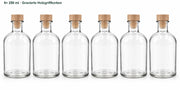 Sechs leere Apotheker 250 ml-Flaschen mit sitzenden Holzgriffkorken in frontaler Reihe.