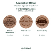 Lieferumfang 6 Flaschen Apotheker 250 ml mit 6 gravierten Holzgriffkorken und Originalmotiven des Mix für Selbstgemachtes.
