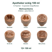 Lieferumfang 12 Flaschen Apotheker eckig 100 ml mit 12 gravierten Holzgriffkorken und Originalmotiven des Weihnachtsmix.