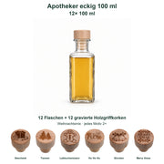 12er-Set Apotheker eckig 100 ml mit gravierten Holzgriffkorken: gefüllte Flasche auf Weiß, Weihnachtsmix und vollständige Motivverteilung.
