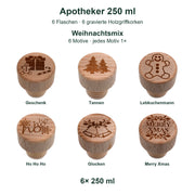 Lieferumfang 6 Flaschen Apotheker 250 ml mit 6 gravierten Holzgriffkorken und Originalmotiven des Weihnachtsmix.