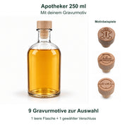 Apotheker 250 ml mit graviertem Holzgriff: Flaschenform, drei separate Motivbeispiele und Auswahl aus neun Motiven.