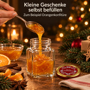 Quadratglas 150 ml mit TO53 Rotgold „Frohe Weihnachten“ – weihnachtliche Füllidee