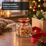 Quadratglas 120 ml mit TO53 Rotgold „Frohe Weihnachten“ – Selbstgemachtes verschenken