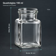Quadratglas 150 ml – Volumen und Maße des Glaskörpers