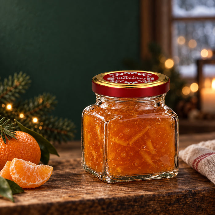 Quadratglas 120 ml mit TO53 Rotgold „Frohe Weihnachten“ – weihnachtliche Füllidee