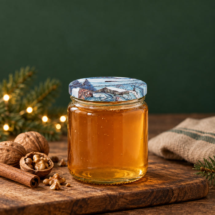 Honigglas 405 ml mit TO82 Winterlandschaft – weihnachtliche Füllidee
