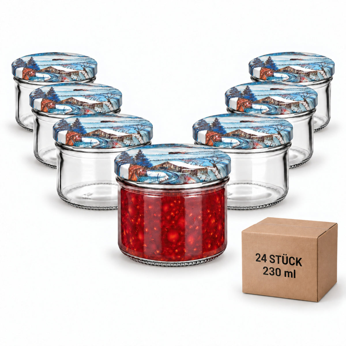 24er-Set Classic Glas 230 ml mit Winterlandschaft – leere Gläser mit Motivdeckeln