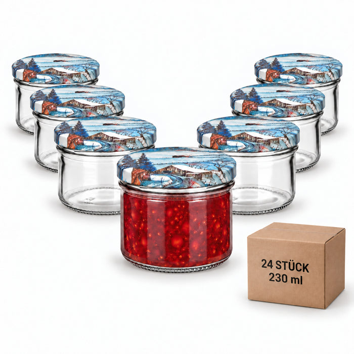 24er-Set Classic Glas 230 ml mit Winterlandschaft – leere Gläser mit Motivdeckeln