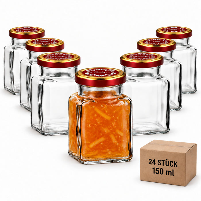 24er-Set Quadratglas 150 ml mit Rotgold „Frohe Weihnachten“ – leere Gläser mit Motivdeckeln