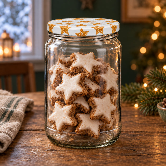 Einmachglas 580 ml mit TO82 goldene Sterne – weihnachtliche Füllidee