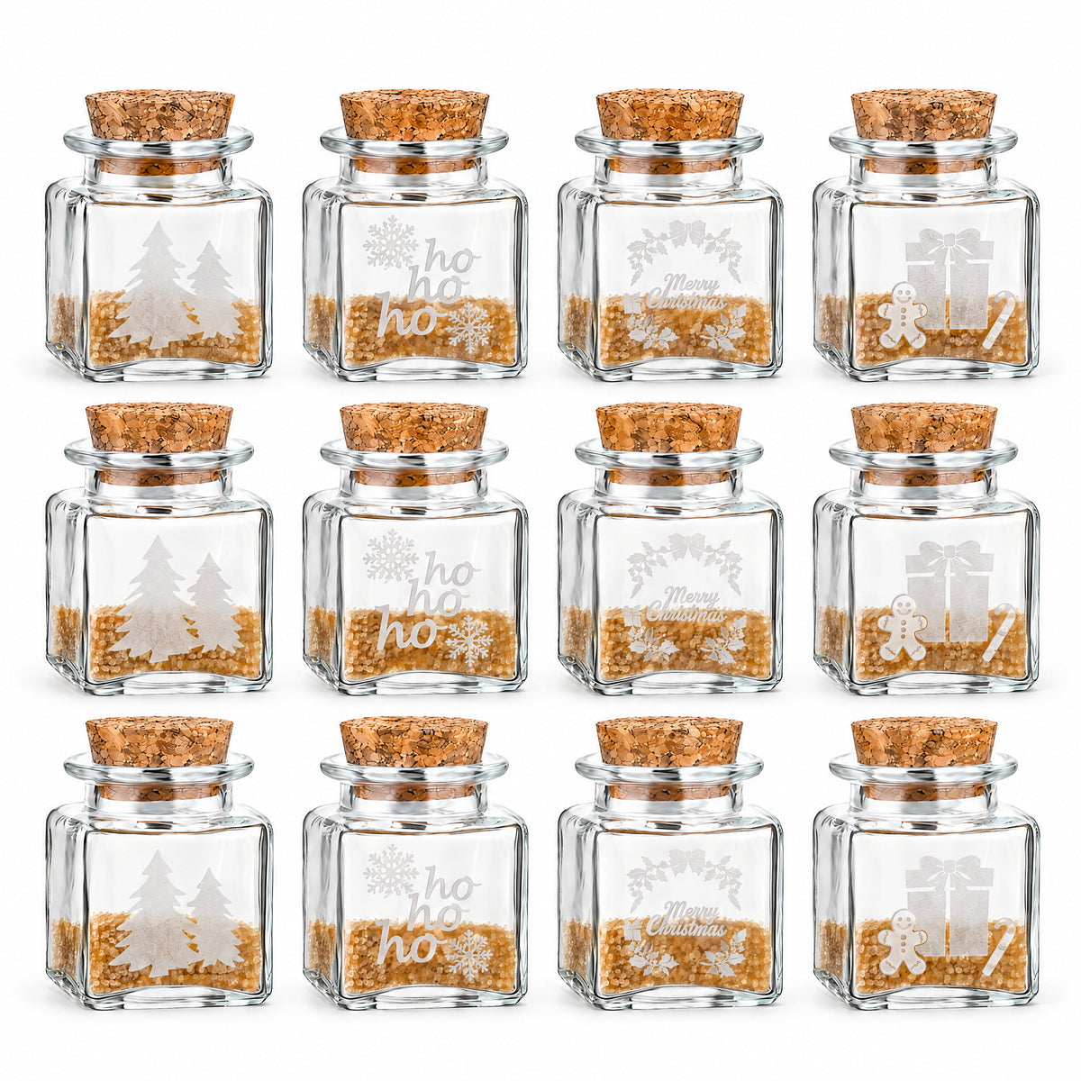 50 ml Korkenglas Quadrat mit Weihnachtsgravur – 12er-Mix – 12 Gefäße mit den enthaltenen Verschlüssen und den angegebenen Glasgravuren, weißes Produktbild