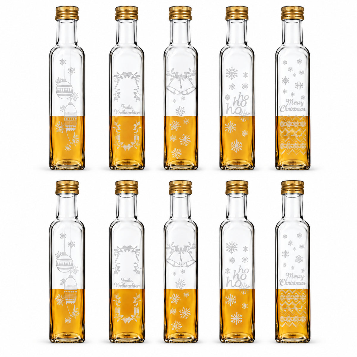 250 ml Maraska mit Weihnachtsgravur – 10er-Mix – 10 Gefäße mit den enthaltenen Verschlüssen und den angegebenen Glasgravuren, weißes Produktbild