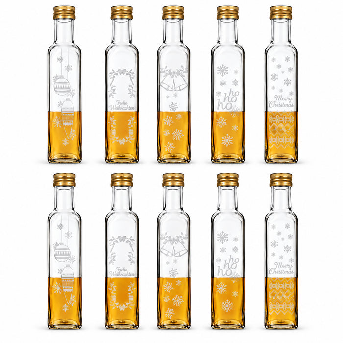 250 ml Maraska mit Weihnachtsgravur – 10er-Mix – 10 Gefäße mit den enthaltenen Verschlüssen und den angegebenen Glasgravuren, weißes Produktbild