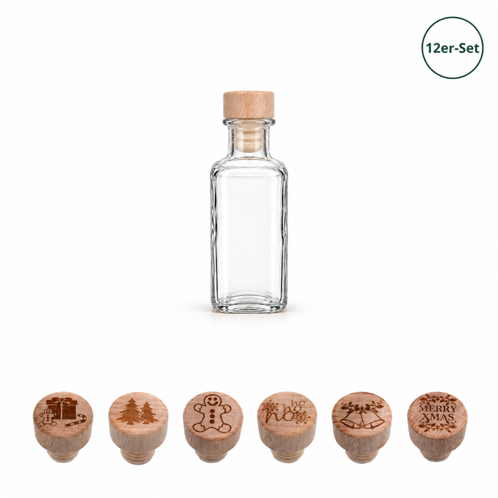 12er-Set Apotheker 100 ml eckig mit gravierten Holzgriffkorken – Weihnachtsmix – repräsentative leere Flasche und sechs gravierte Weihnachtsmotive auf Naturholz; 12 Flaschen und 12 Verschlüsse im Set, jedes Motiv zweimal
