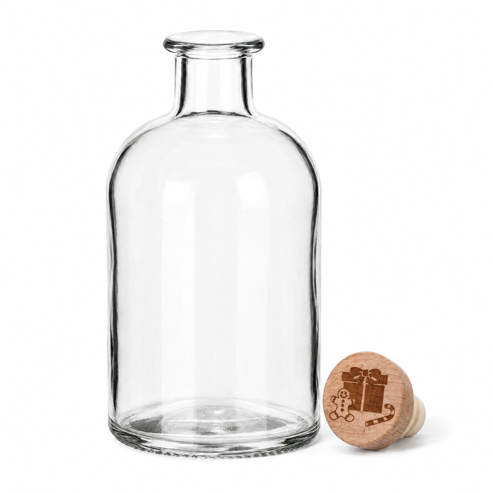 Apotheker 250 ml rund mit Gravurkorken – Motiv wählen – leere Flasche mit losem Gravurkorken, Geschenk, weißes textfreies Produktbild