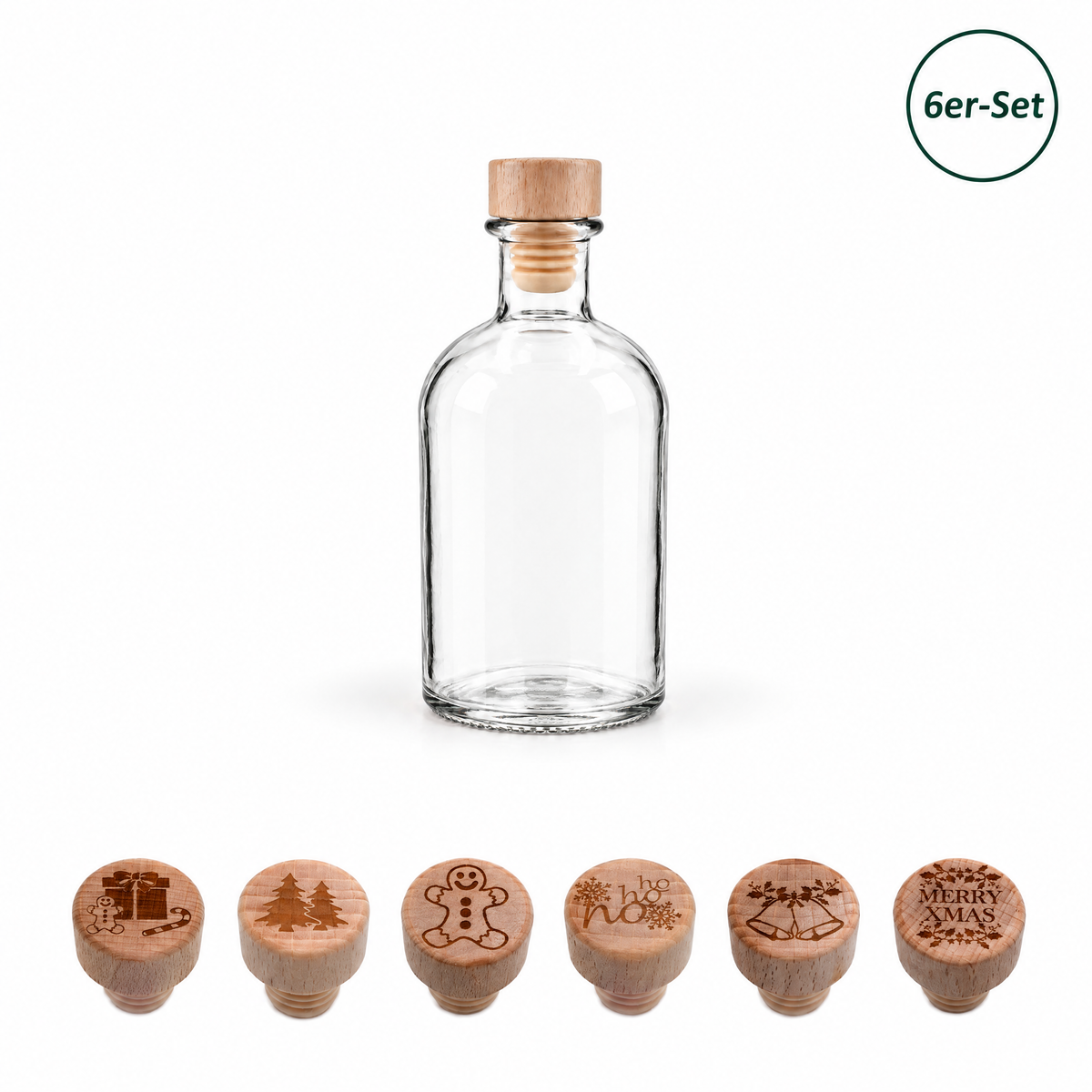 6er-Set Apotheker 250 ml rund mit gravierten Holzgriffkorken – Weihnachtsmix – repräsentative leere Flasche und sechs gravierte Weihnachtsmotive auf Naturholz; 6 Flaschen und 6 Verschlüsse im Set, jedes Motiv einmal