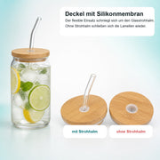 6er-Set Trinkgläser Dose 350 ml mit Bambusdeckeln und Glasstrohhalmen – Glas- und Materialansicht