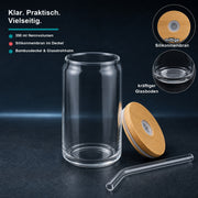 6er-Set Trinkgläser Dose 350 ml mit Bambusdeckeln und Glasstrohhalmen – Glas- und Materialansicht