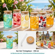 6er-Set Trinkgläser Dose 350 ml mit Bambusdeckeln und Glasstrohhalmen – Glas- und Materialansicht