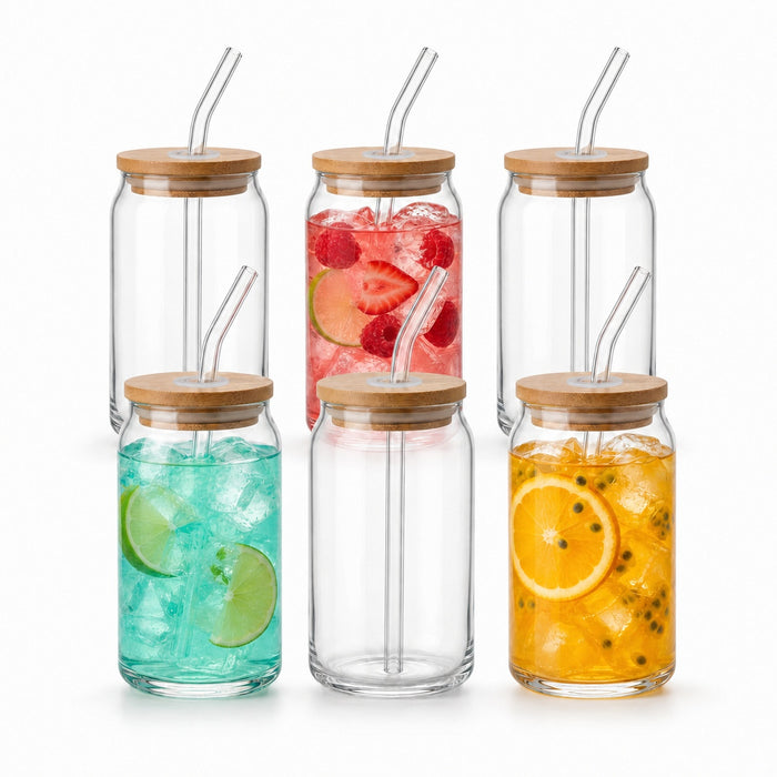 6er-Set Trinkgläser Dose 350 ml mit Bambusdeckeln und Glasstrohhalmen – leere Produktansicht auf Weiß