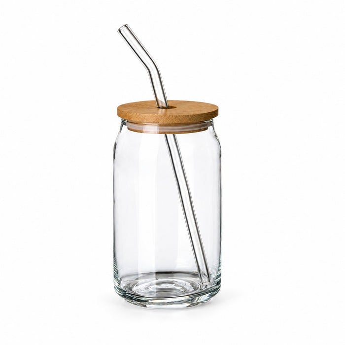 350 ml Trinkglas “Dose” mit Deckel und Strohhalm – Produktansicht mit mitgeliefertem Verschluss