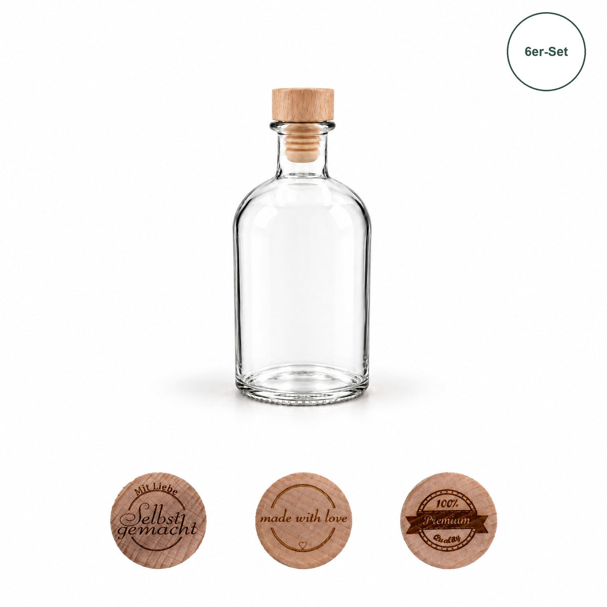 6er-Set Apotheker 250 ml rund mit gravierten Holzgriffkorken – Selbstgemacht-Mix – Flasche mit Gravurkorken