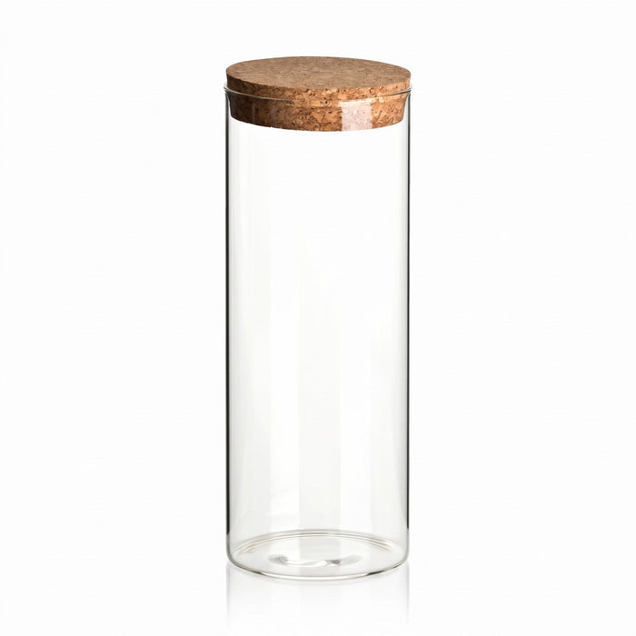 1000 ml Borosilikatglas Rund mit Korkverschluss – Produktansicht auf Weiß