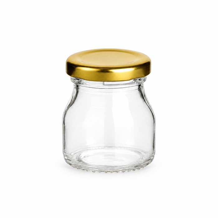 50 ml Einmachglas rund mit Verschluss Gold – leere Produktansicht mit enthaltenem Deckel