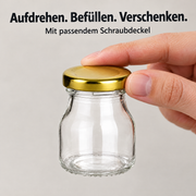 50 ml Einmachglas rund mit Verschluss Gold – offenes Glas und zugehöriger Deckel