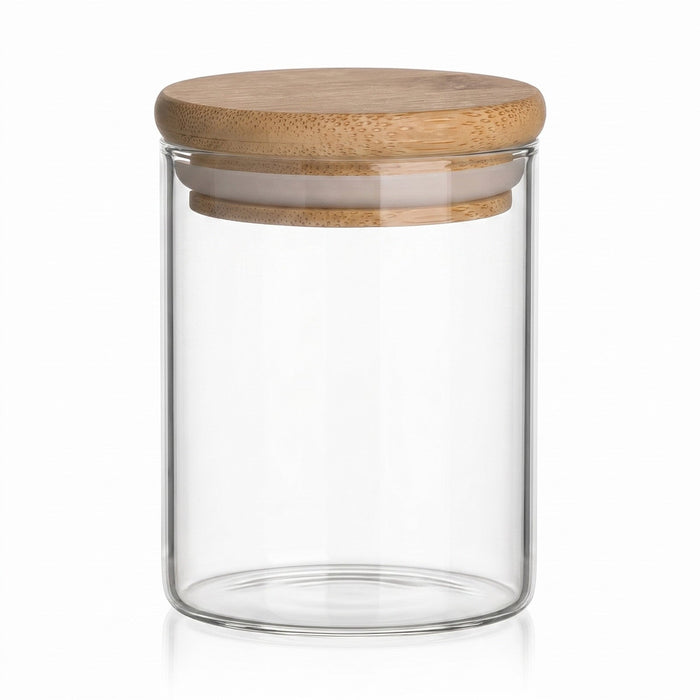 50 ml Borosilikatglas rund mit Bambusdeckel – Produktansicht auf Weiß