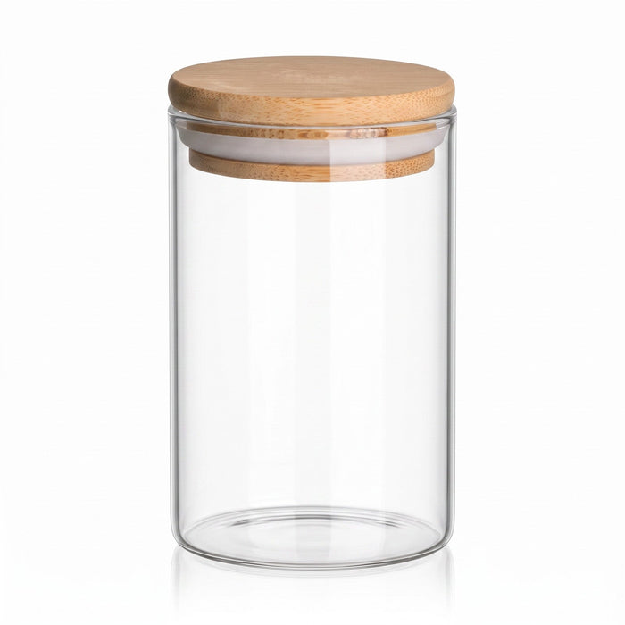 250 ml Borosilikatglas Rund mit Bambusdeckel - 1 Variante wählbar – Produktansicht auf Weiß