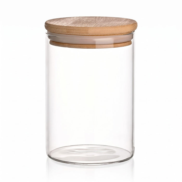 500 ml Borosilikatglas Rund mit Bambusdeckel – leere Produktansicht auf Weiß