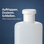 Nahaufnahme des weißen Klappverschlusses an der HDPE-Flasche