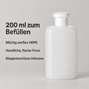 200 ml HDPE-Flasche: flache Form, milchig weiß, Klappverschluss inklusive