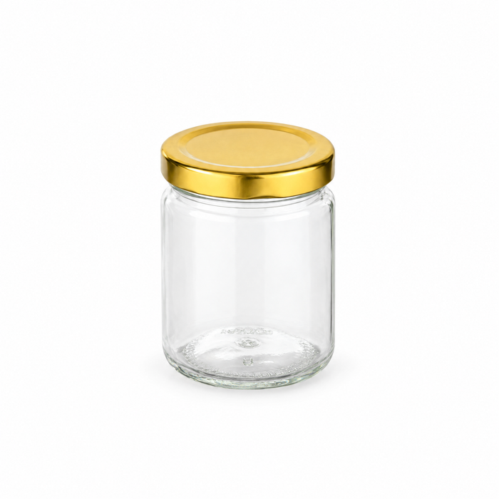 100 ml Einmachglas rund mit Golddeckel – leere Produktansicht auf Weiß