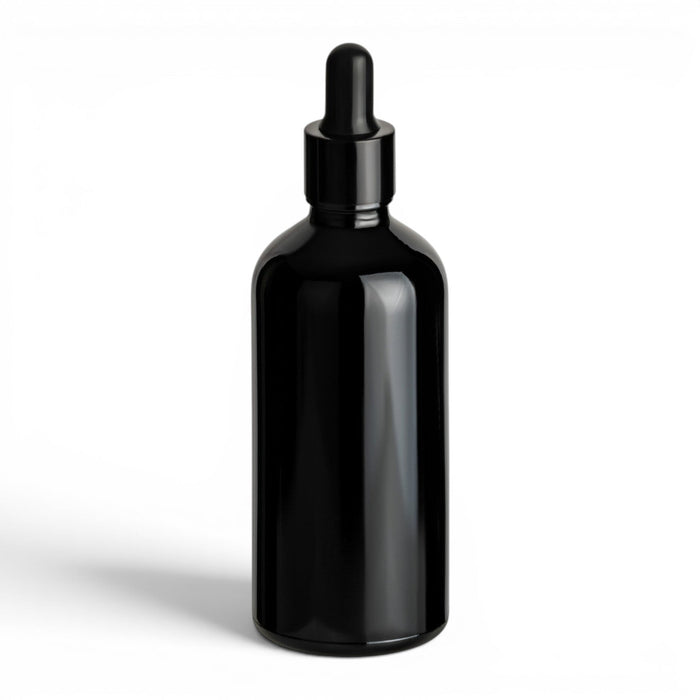 100 ml Pipettenflasche Schwarz mit Pipettengarnitur – vollständige leere Produktansicht mit passendem Verschluss auf Weiß