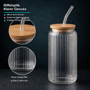 6er-Set Trinkglas geriffelt 480 ml mit Bambusdeckel und Glasstrohhalm – Produktdetail