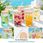 6er-Set Trinkglas geriffelt 480 ml mit Bambusdeckel und Glasstrohhalm – Produktdetail