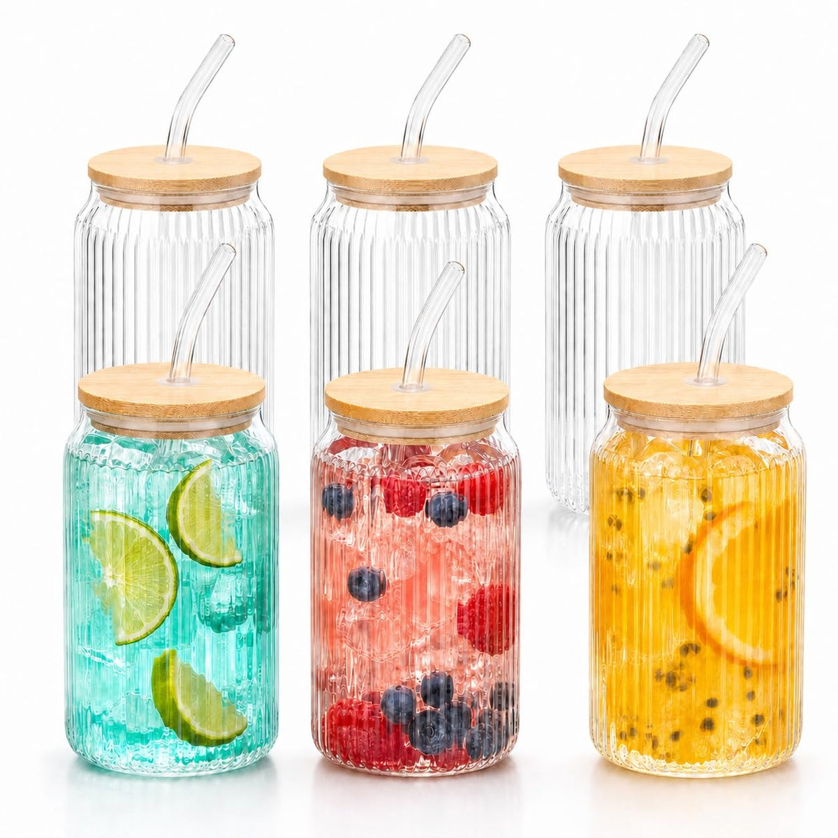 6er-Set Trinkglas geriffelt 480 ml mit Bambusdeckel und Glasstrohhalm – Produktansicht