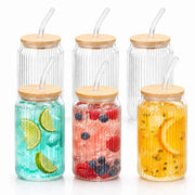 6er-Set Geriffelte Trinkgläser 480 ml mit Bambusdeckeln und Glasstrohhalmen