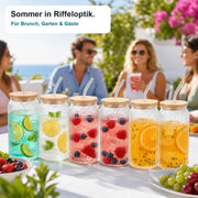 6er-Set Trinkglas geriffelt 480 ml mit Bambusdeckel und Glasstrohhalm – Produktdetail