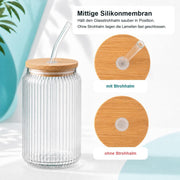 6er-Set Trinkglas geriffelt 480 ml mit Bambusdeckel und Glasstrohhalm – Produktdetail