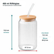 6er-Set Trinkglas geriffelt 480 ml mit Bambusdeckel und Glasstrohhalm – Produktdetail