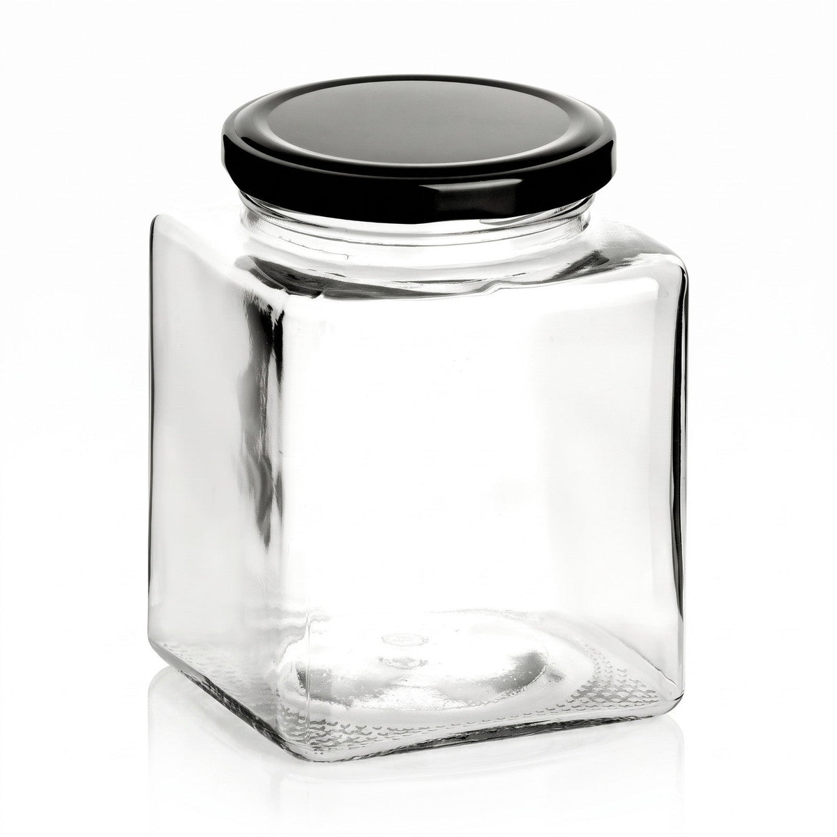 500 ml Einmachglas Quadrat mit Schraubdeckel Schwarz – leere Produktansicht mit passendem Deckel